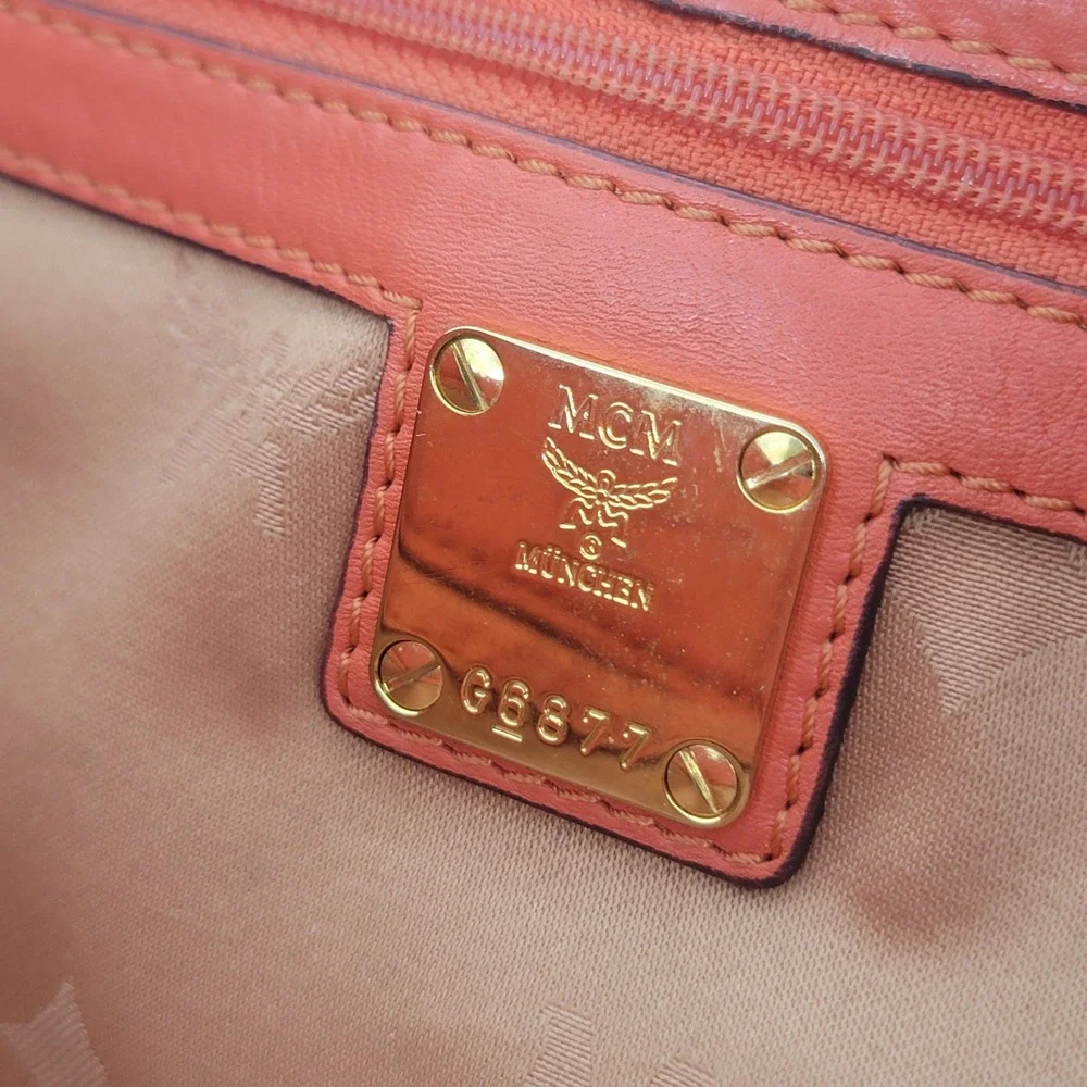 MCM Satchel Handbag Coral Orange Pebbled Leather Gold Hardware 2-in-1 Crossbody